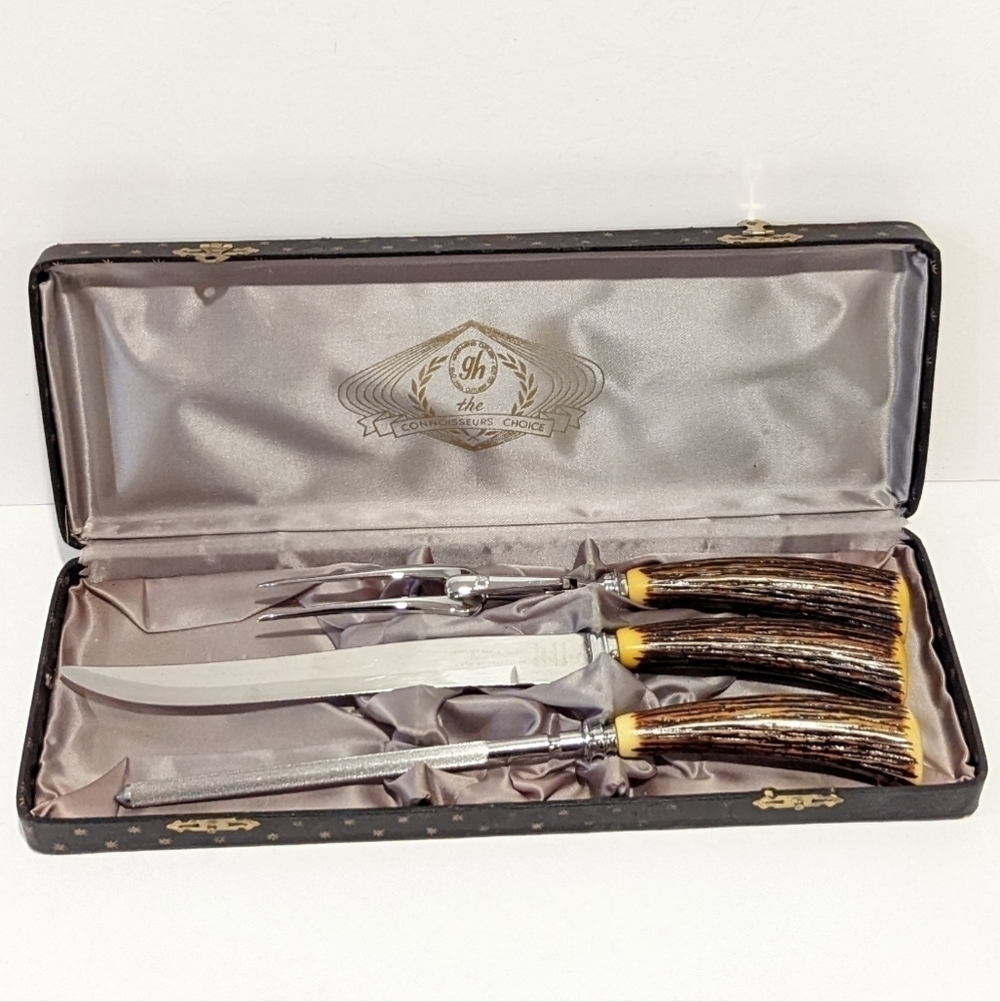 𝅺Vintage John Palmer 3 Piece Carving Set MCM Bakelite Faux Antler Handles